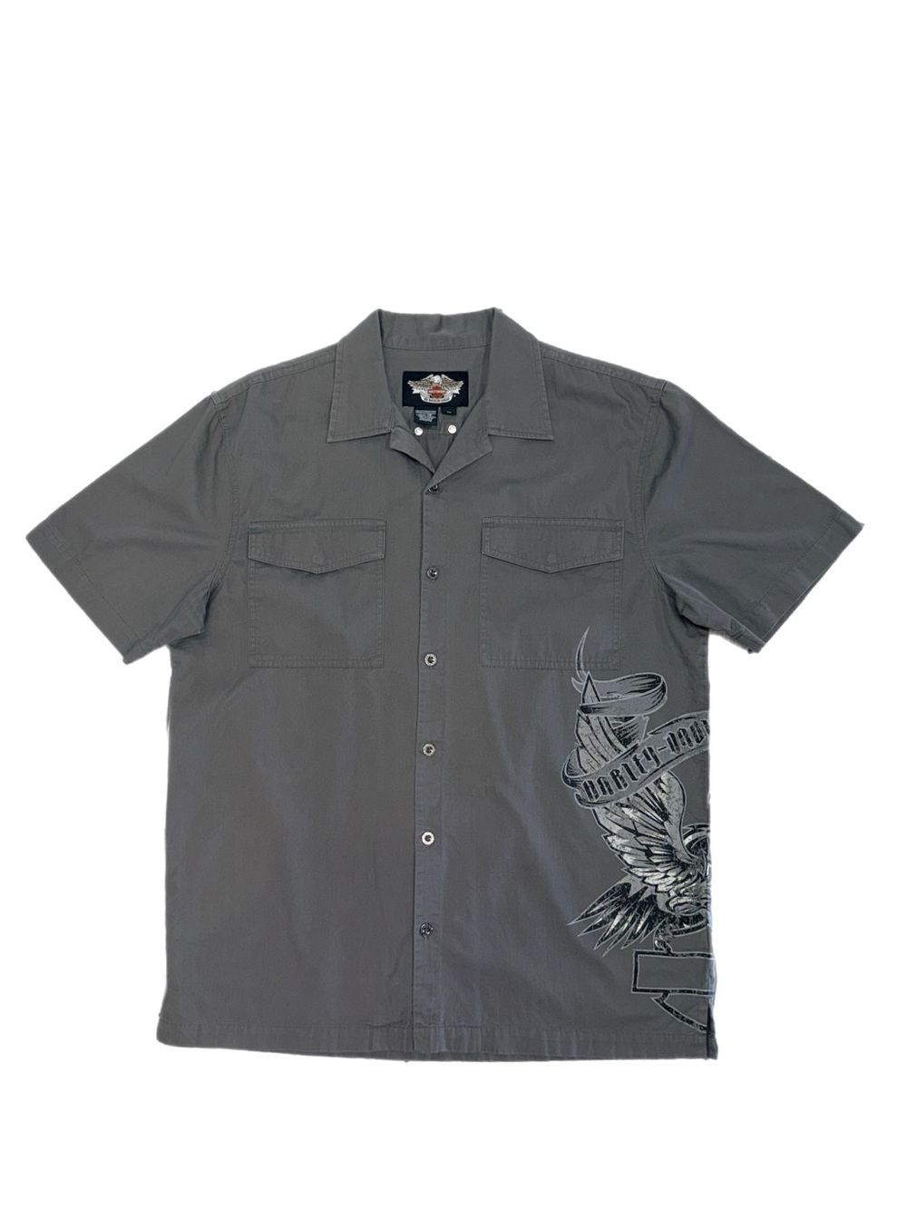 Harley-Davidson Eagle Graphic Cotton Button-Up Shirt Gray Utility Work Shirt
